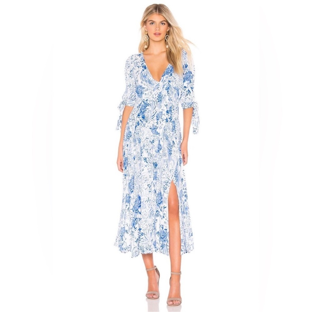 Free People Floral Blue & White V-Neck Midi Dress
